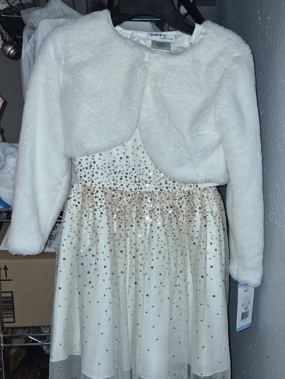Rare Editions Ivory Sequin Tulle Dress with Faux Fur Bolero